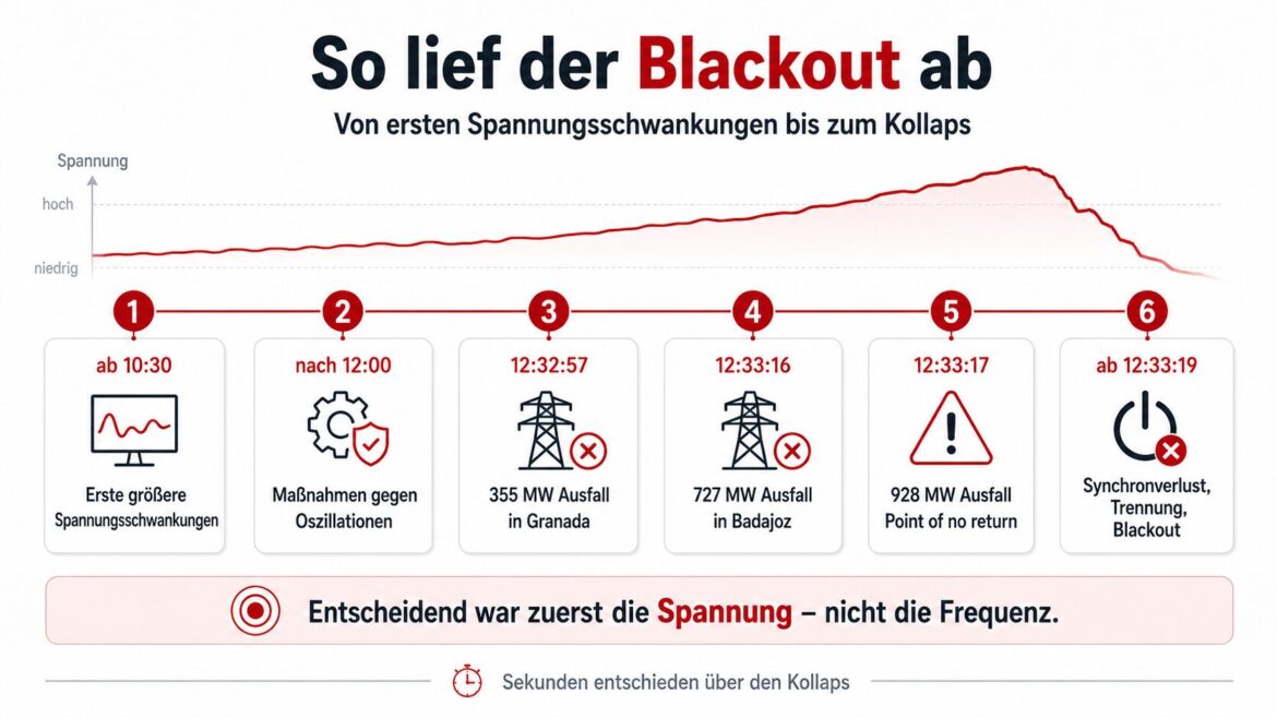 Timeline zum Spanien-Blackout: Von ersten Spannungsschwankungen ab 10:30 Uhr über Erzeugungsausfälle ab 12:32:57 bis zu Synchronverlust, Trennung und Blackout.