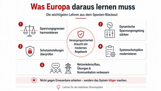 Schaubild zu den Lehren aus dem Spanien-Blackout: Europa muss Spannungsgrenzen harmonisieren, dynamische Spannungsregelung stärken, Schutzeinstellungen prüfen und Systemschutzpläne modernisieren.