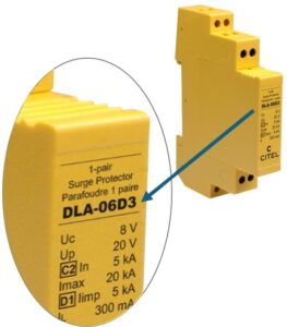 Nahaufnahme des CITEL-Datenableiters DLA-06D3 mit hervorgehobener Produktbezeichnung und technischen Kenndaten für den Überspannungsschutz von Datenleitungen.