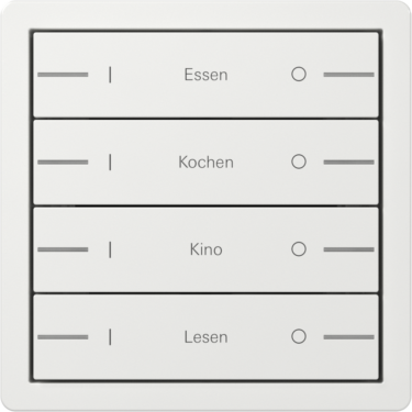Weißer Gira Tastsensor 4.70 mit vier Bedienelementen zur Steuerung von Licht- und Wohnszenen.
