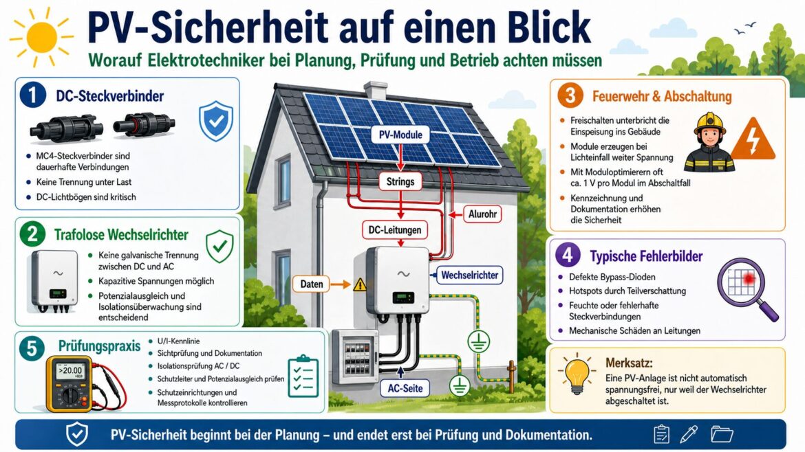 Schaubild zur Sicherheit von PV-Anlagen mit DC-Steckverbindern, trafolosen Wechselrichtern, Feuerwehrabschaltung, Fehlerbildern und Prüfungspraxis.