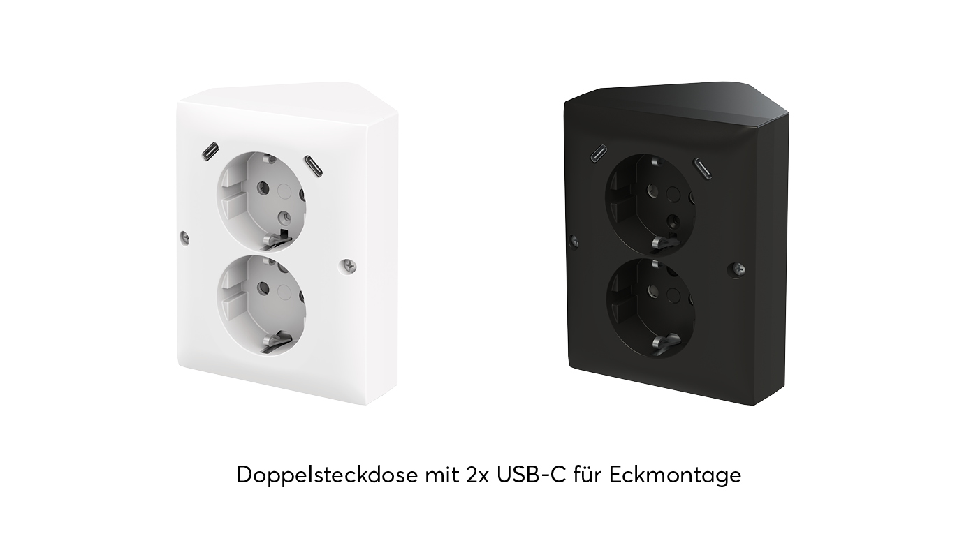 Busch-balance® SI Doppelsteckdose mit zwei USB-C Anschlüssen für Eckmontage.