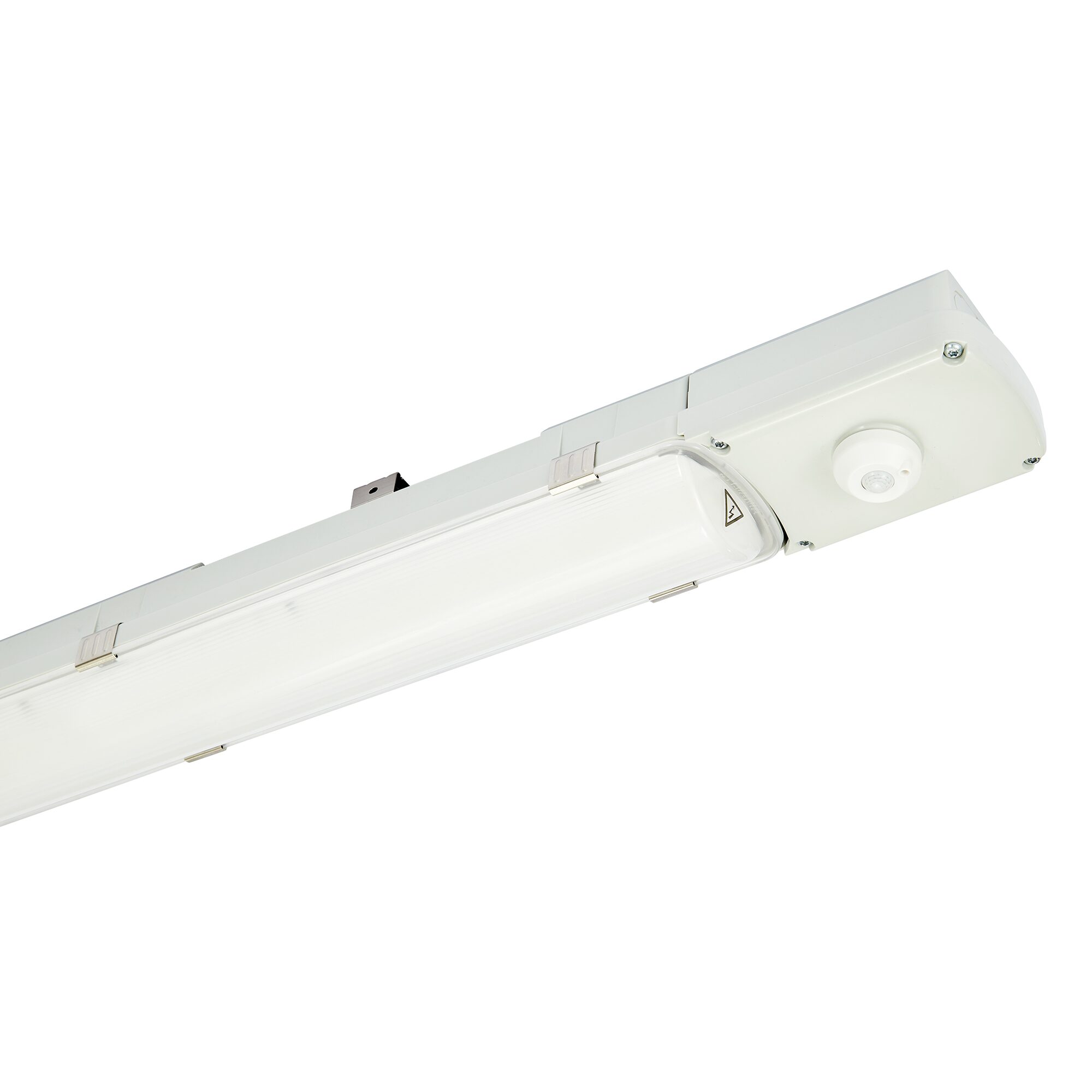 Feuchtraumwannenleuchte Resisto mit integriertem Sensor für Industrie- und Lageranwendungen.