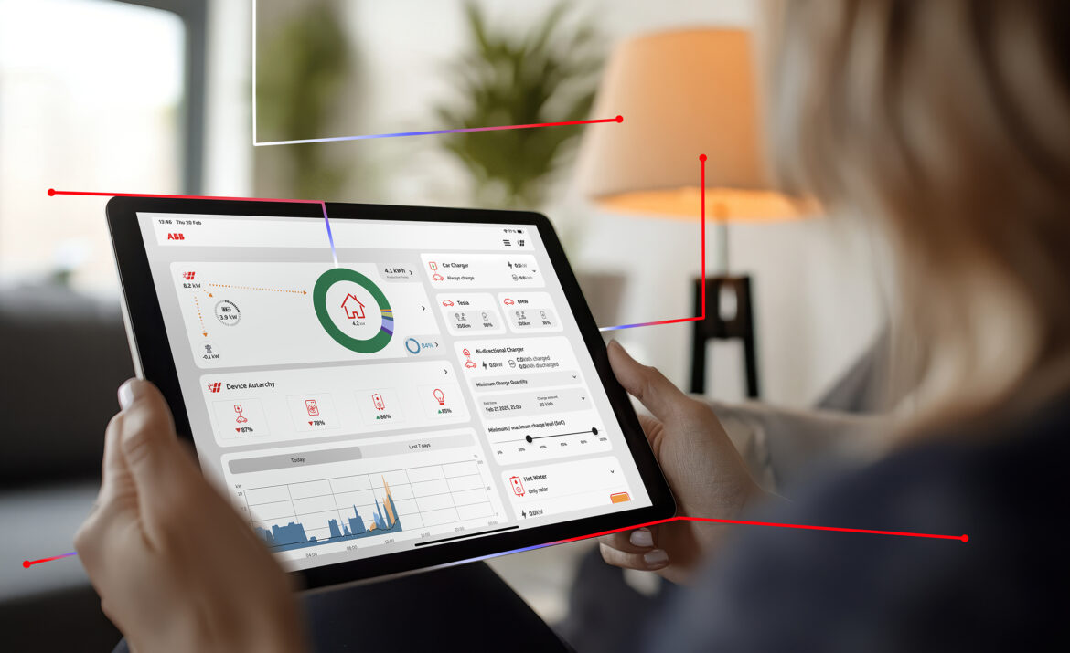 Die ABB Smart EMS App zeigt Energieverbrauch, Eigenverbrauch und Systemstatus auf einem Tablet.