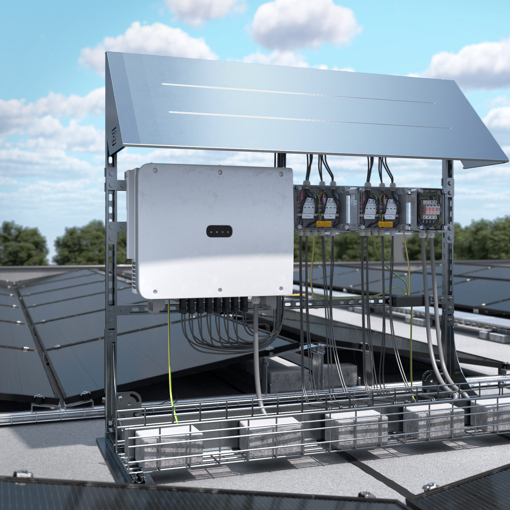 Obo Magic PV Mount Rahmensystem mit Wechselrichter und Generatoranschlusskästen auf Flachdach