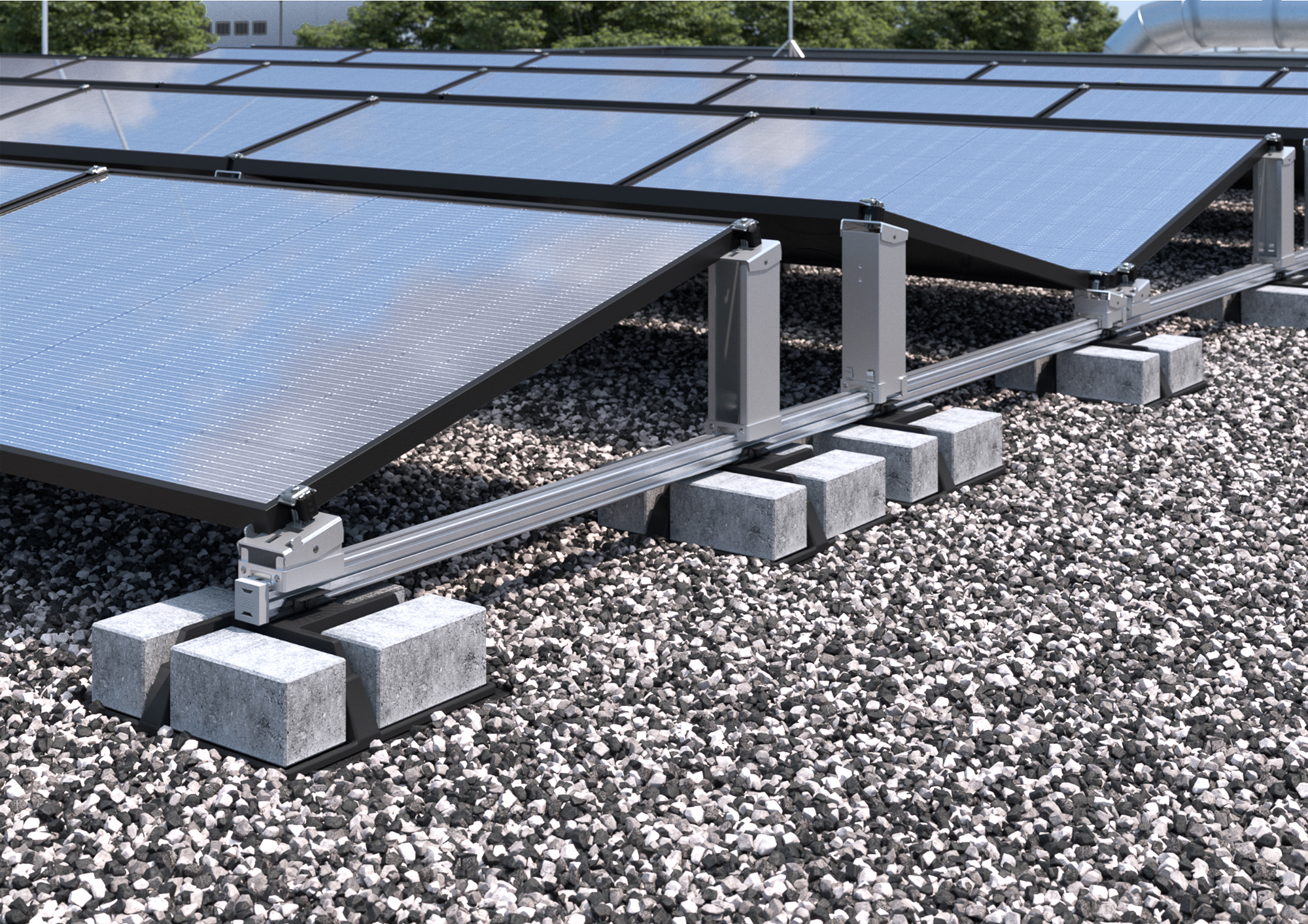 Obo Magic PV Flat Pro Ost-West PV-Montagesystem auf Kiesdach mit Ballastierung