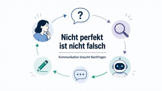 Schaubild zu KI-Kommunikation: Frage, Prüfung, Nachfragen und Präzisierung führen zu besseren Antworten.
