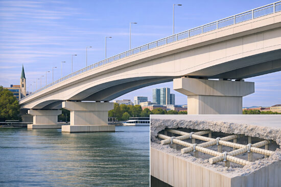 Moderne Brücke über einen Fluss mit hellen Betonpfeilern; im Detailausschnitt ist die Bewehrung aus faserverstärkten Kunststoffstäben im Beton sichtbar.
