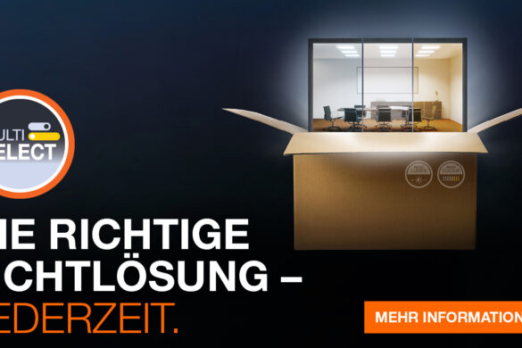 Ledvance Multi Select Leuchte mit einstellbarem Lichtstrom und variabler Lichtfarbe. Aus einer geöffneten Box erscheint ein modern beleuchteter Büroraum als Symbol für flexible Beleuchtungslösungen.