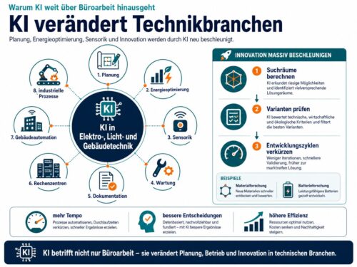 Infografik zu KI-Anwendungsfeldern in Elektro-, Licht- und Gebäudetechnik, darunter Planung, Energieoptimierung, Sensorik, Wartung, Dokumentation und Rechenzentren.