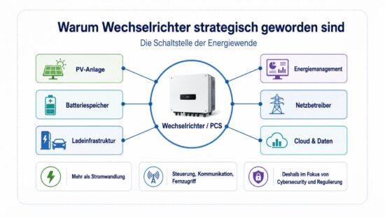 Schaubild über Wechselrichter und PCS als zentrale Schnittstelle zwischen PV-Anlage, Batteriespeicher, Ladeinfrastruktur, Netzbetreiber, Energiemanagement und Cloud-Daten