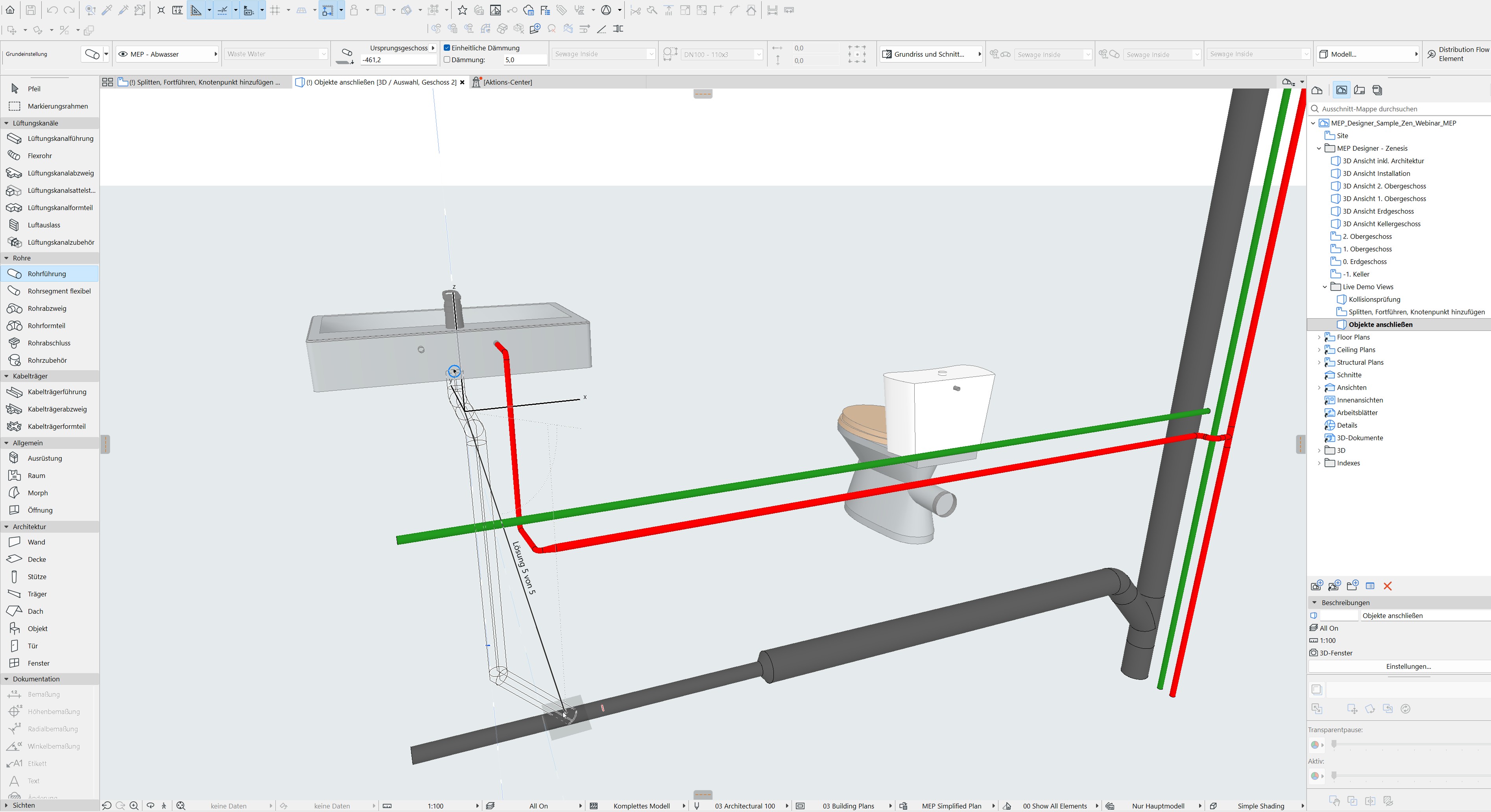 3D-Modell mit Rohrleitungen und Sanitärobjekten im MEP Designer.