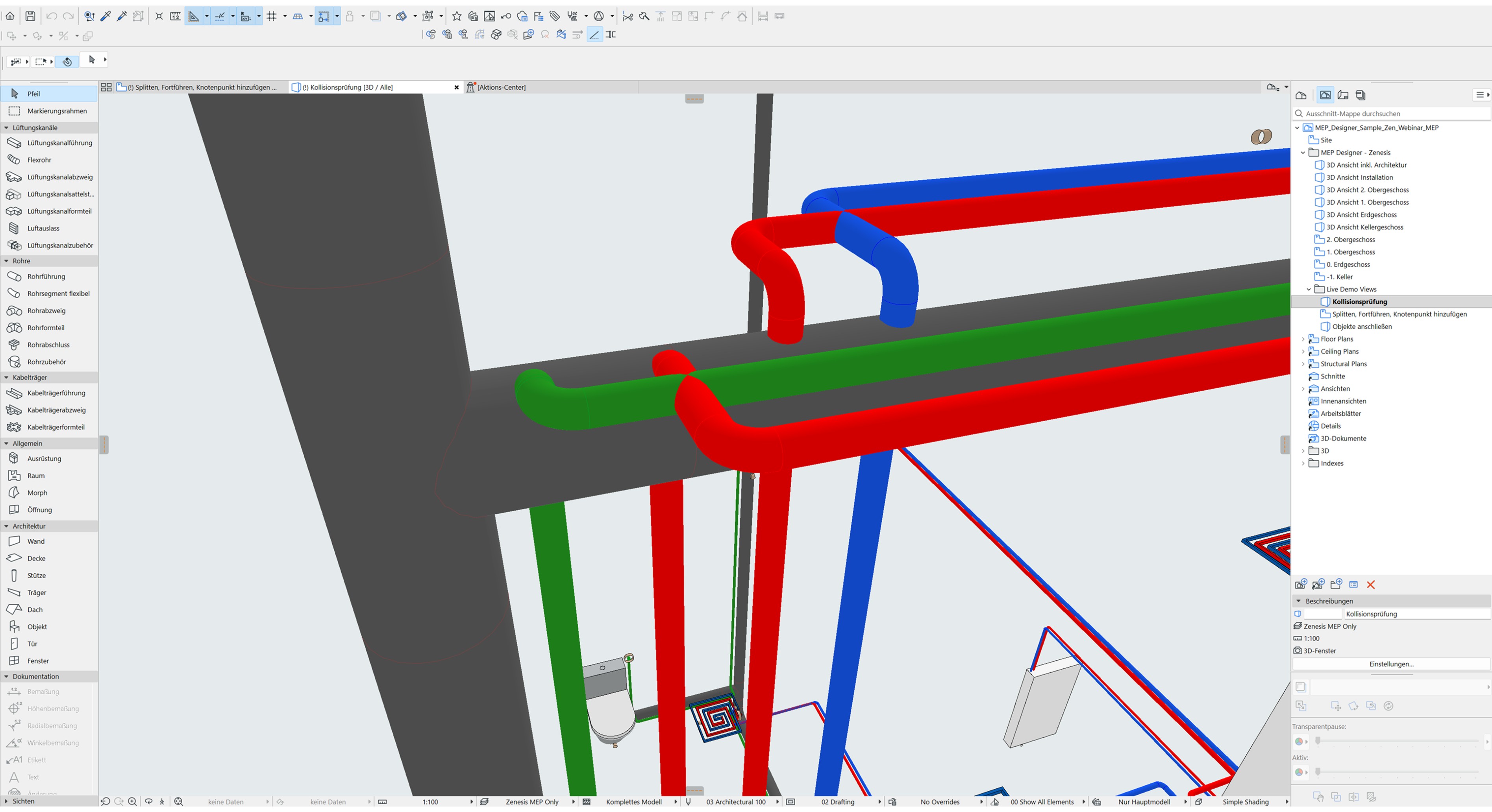 Kollisionsprüfung mehrerer Rohrleitungen im 3D-Modell des MEP Designers.