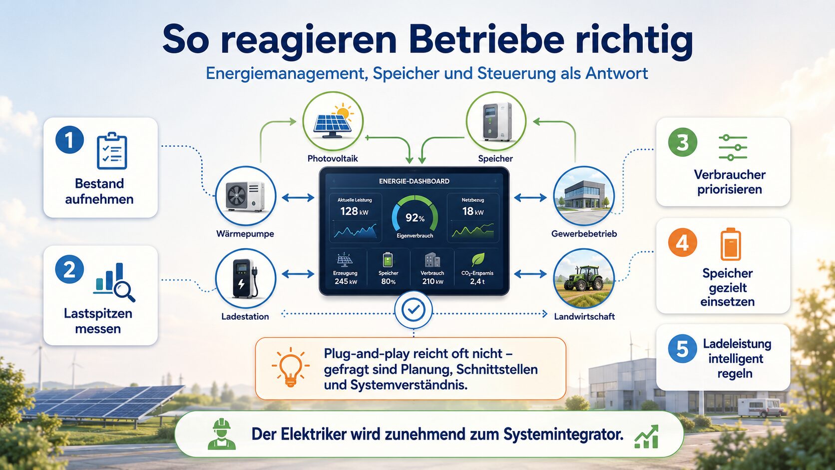 Schaubild zu Energiemanagement, Speicher, Lastspitzen und intelligenter Steuerung in Betrieben