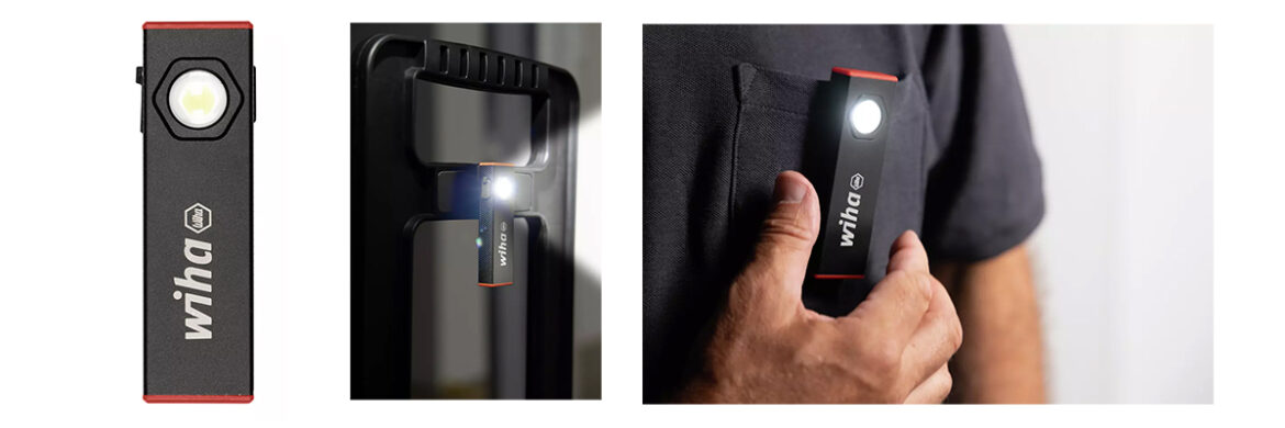 Kompakte Wiha Handleuchte mit 800 Lumen und verschiedenen Befestigungsmöglichkeiten.