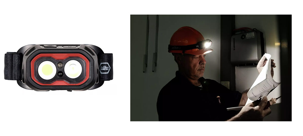 Wiha Stirnlampe mit 500 Lumen bei Arbeiten in einem dunkel beleuchteten technischen Bereich.