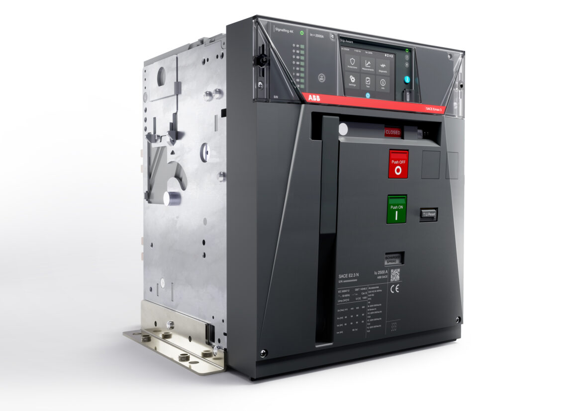 ABB Sace Emax 3 Leistungsschalter in dreidimensionaler Gesamtansicht mit sichtbarer Gehäusekonstruktion.