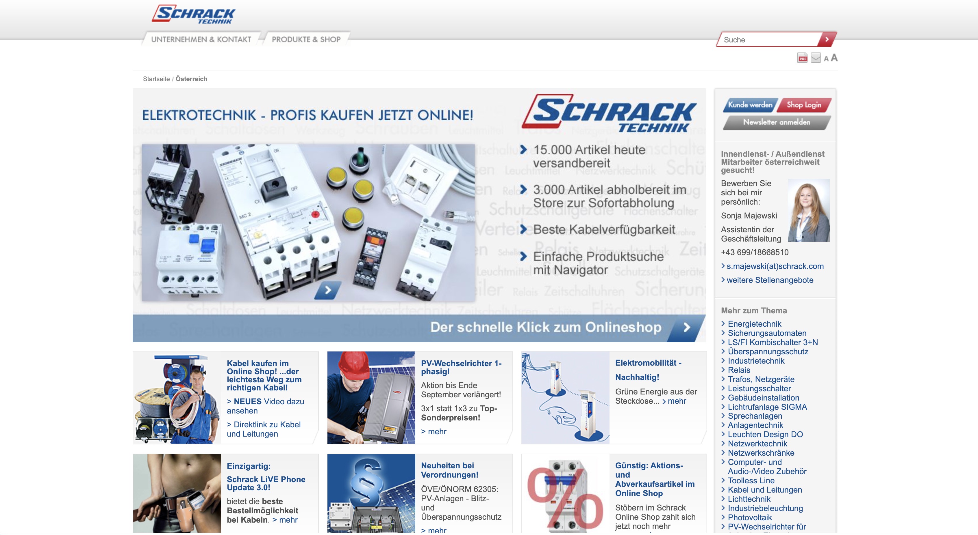 Historischer Screenshot der Schrack Technik Website aus dem Jahr 2012 mit Onlineshop, Produktsuche und Angeboten aus der Elektrotechnik.