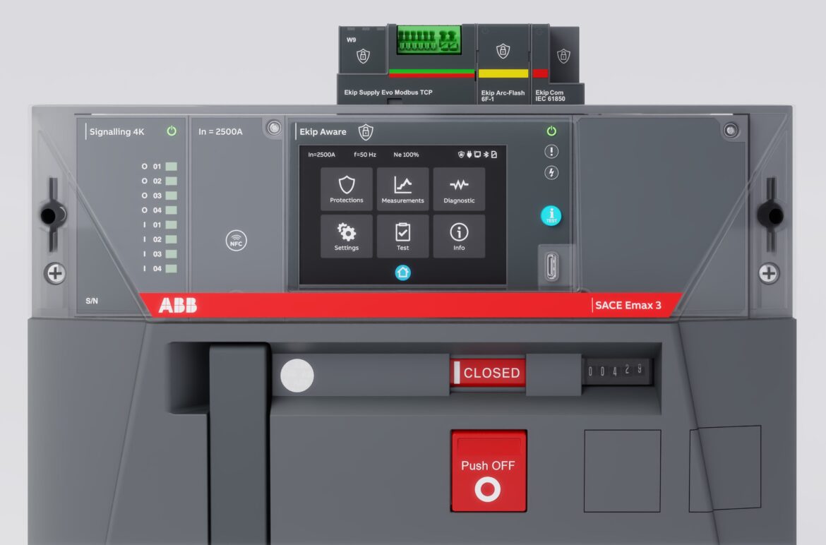 ABB Sace Emax 3 Leistungsschalter mit digitalem Ekip-Aware-Display und integrierten Kommunikationsmodulen.