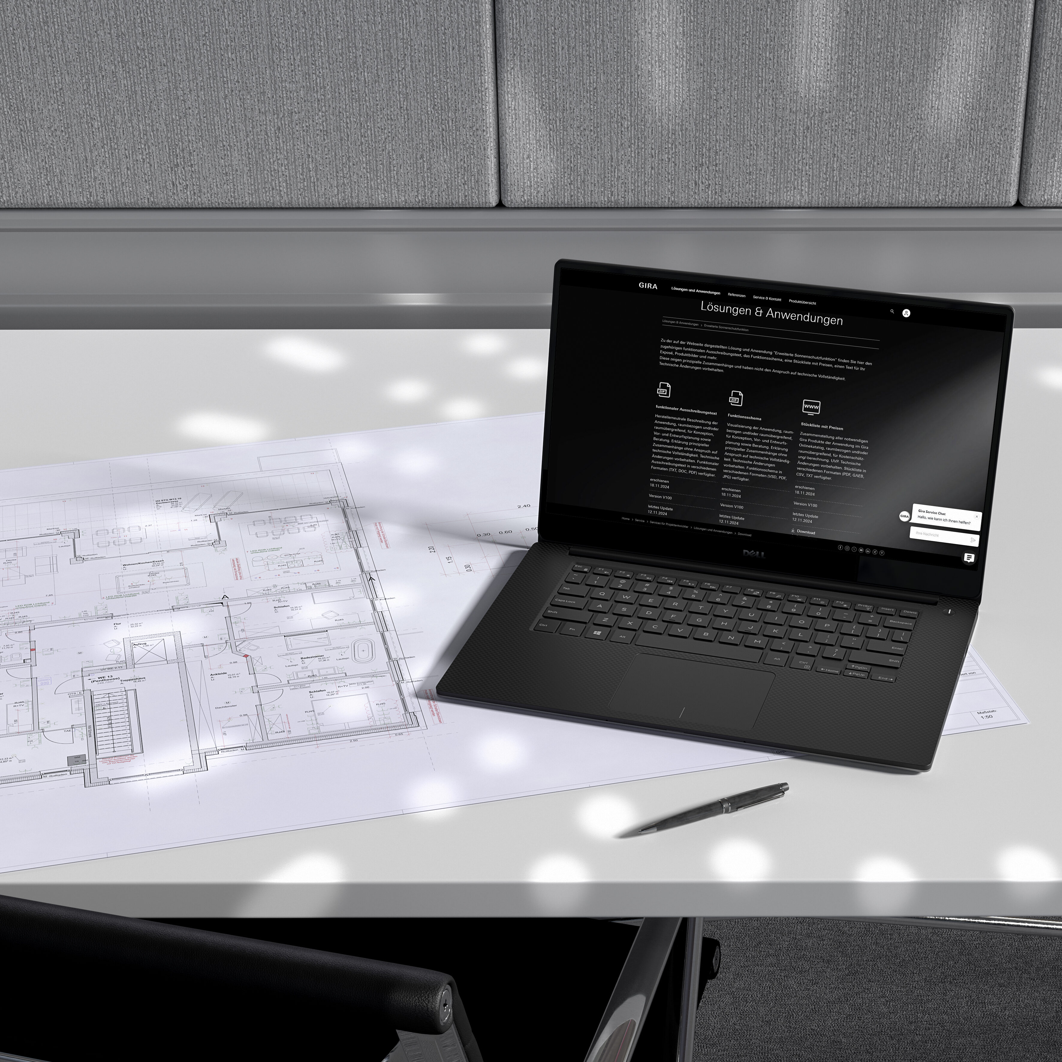 Laptop mit Planungsunterlagen für die Gebäudeautomation auf einem Schreibtisch.