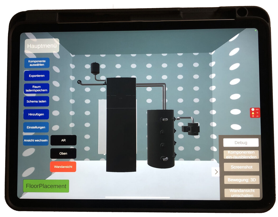 Tablet mit einer 3D-Darstellung technischer Anlagenkomponenten in der WESPE-App des Fraunhofer ISE.