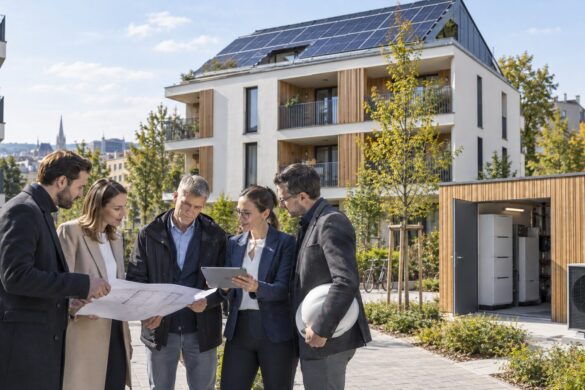 Planer und Projektentwickler vor einem energieautarken Wohngebäude mit Photovoltaik, Batteriespeicher und Wärmepumpe – KI-generiertes Symbolbild